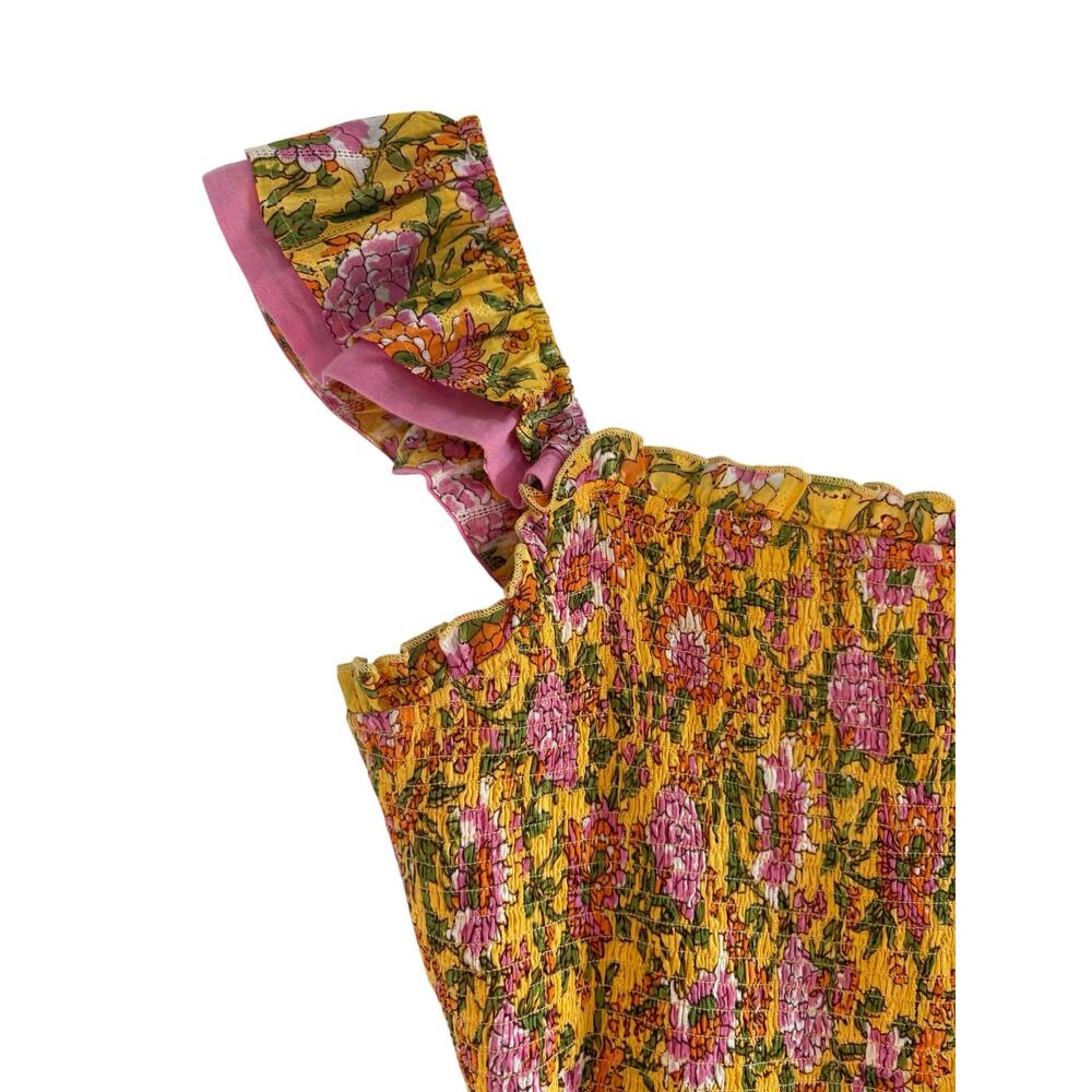 THML Women’s marigold/yellow floral dress, smocked bodice, pockets, ruffle, L - Picture 3 of 7